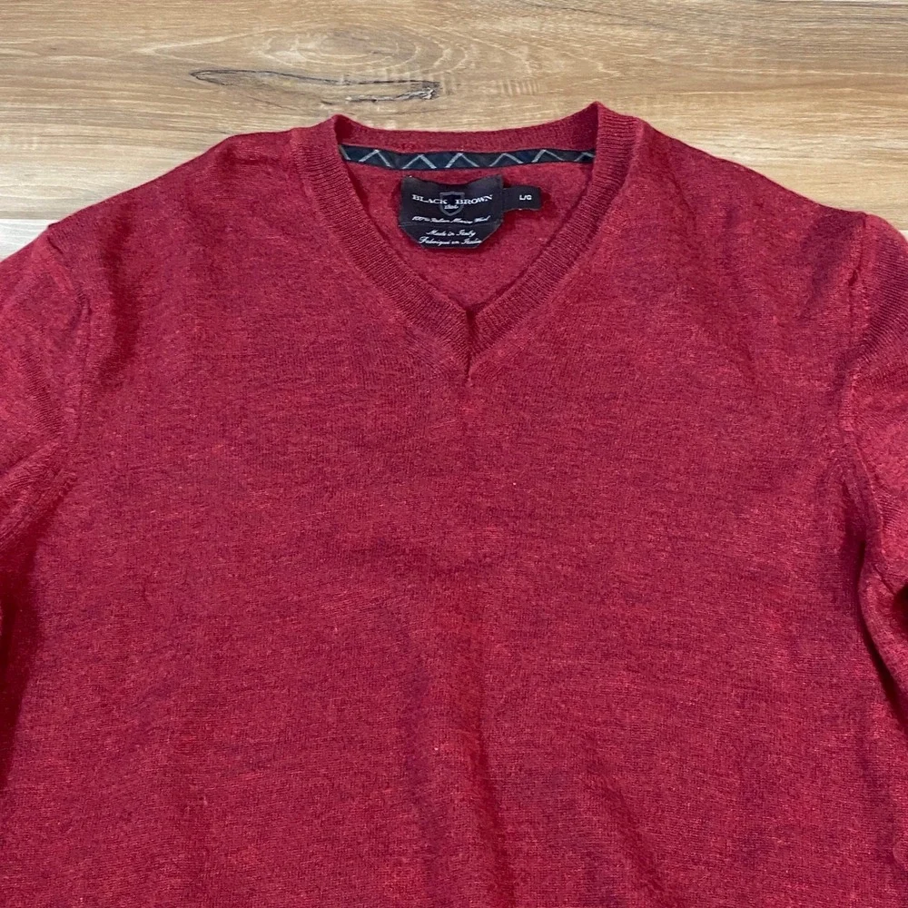 Black Brown 1826 Sweater Men L Merino Wool V-Neck Burgundy Italy Minimalist